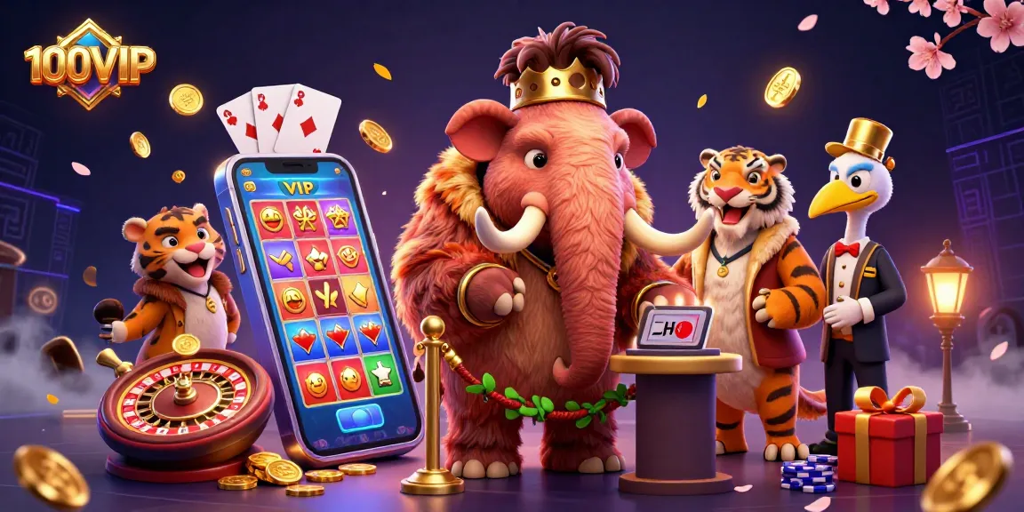 Interact with a dynamic scene featuring 100VIP's cartoon bouncer, a VIP saber-tooth guest, and dodo doorman amidst a rich casino environment.