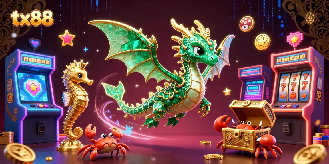 Experience the magic of tx88 with a vibrant casino-themed 3D illustration featuring dynamic sea creatures and game elements.
